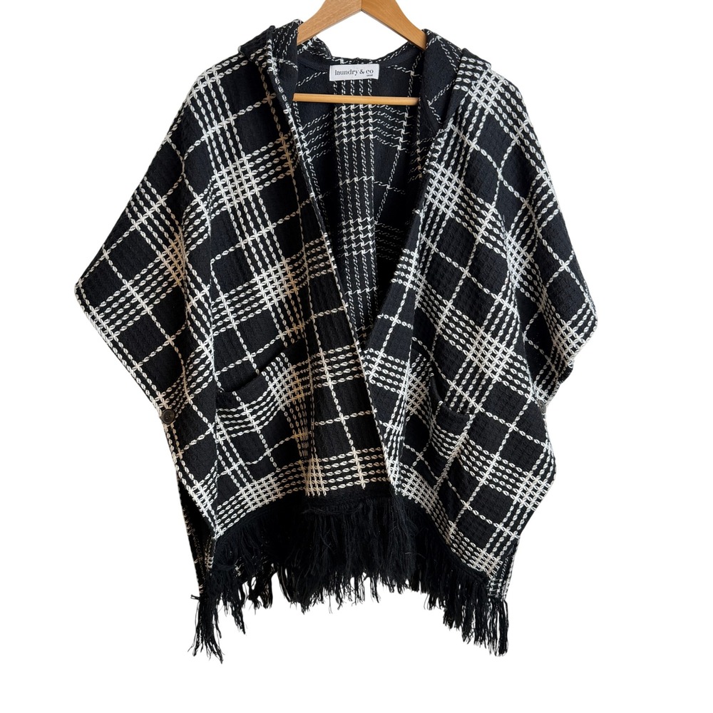 Laundry‎ & Co Women Plaid Hooded Poncho Cape S Black White Fringe Wrap Oversized